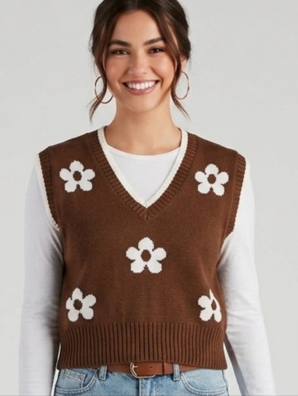Love Tree Brown V-Neck Floral Knit Sweater Vest
